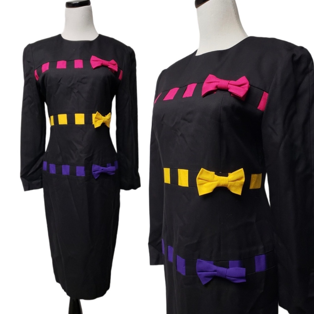 Sante Fe by Jim Tremblay Pink Yellow Green Ribbons & Bows Black Sheath Dress